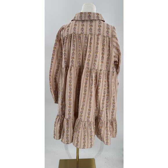 BiBi Floral Shirt Dress Long Puff Sleeve Ruffle Smock Beige Tan M Cottagecore L - Picture 4 of 8